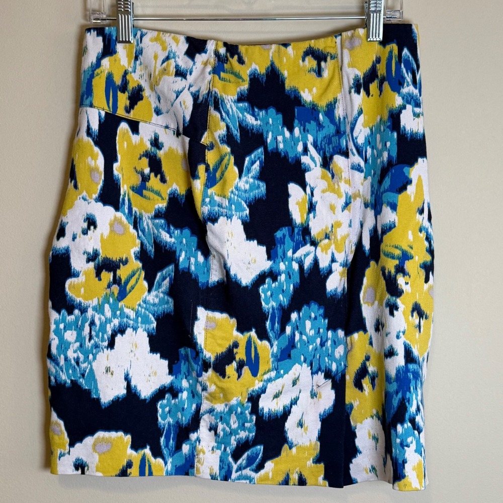 Lysse Pencil Skirt Blue Yellow Abstract Water Color Floral Stretch Size M